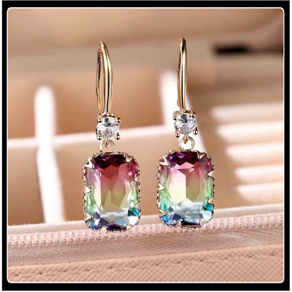 NEW GOLD SIMULATED DIAMOND STUD COLORFUL TOURMALINE CRYSTAL EARRINGS